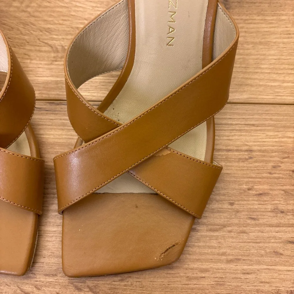 STUART WEITZMAN Dayna Sandal Heels Size 8.5 Macchiato Tan‎ Leather Square Toe - Picture 5 of 11